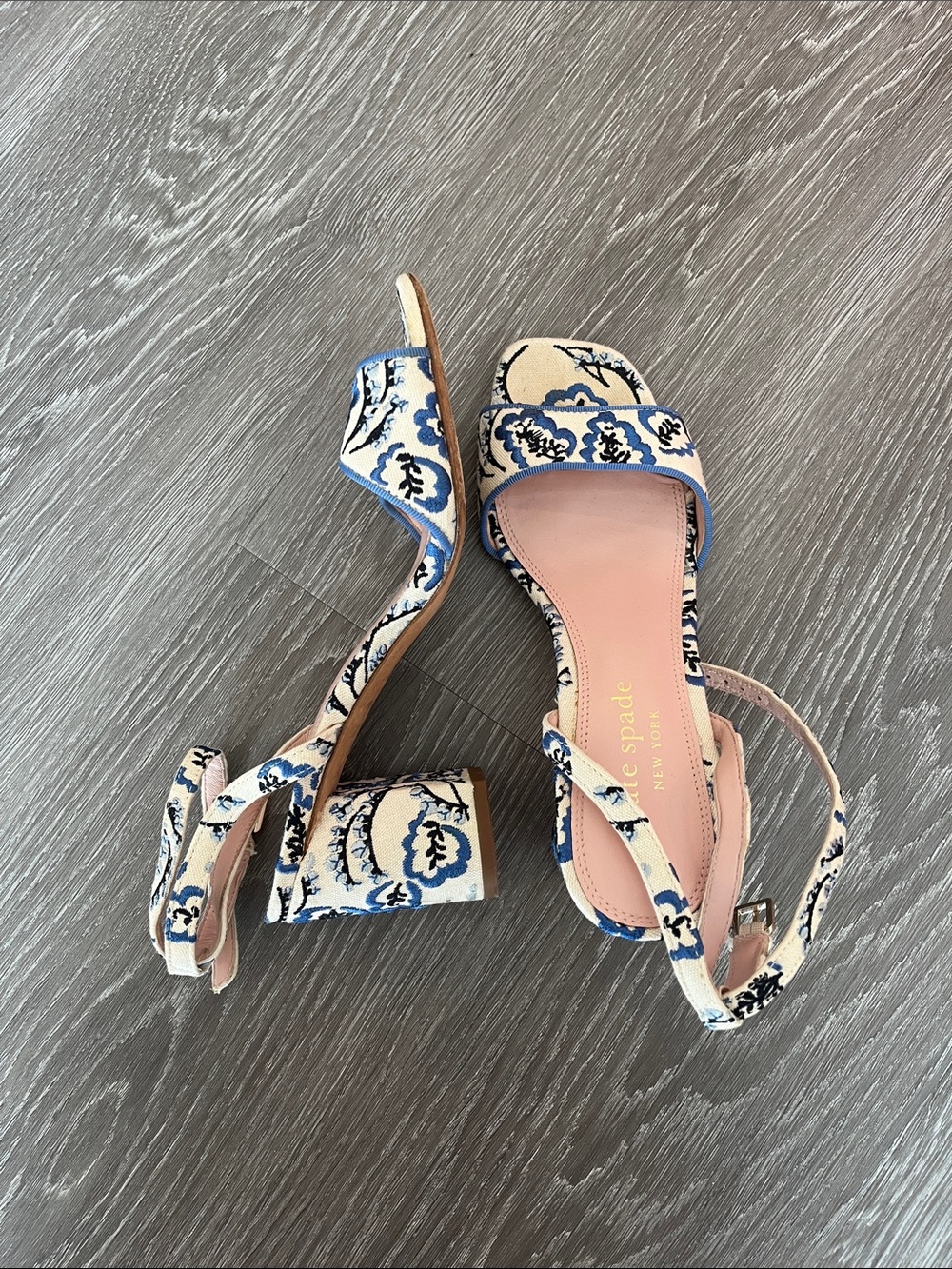 kate spade Blue & White embroidered Block Heel Sandals